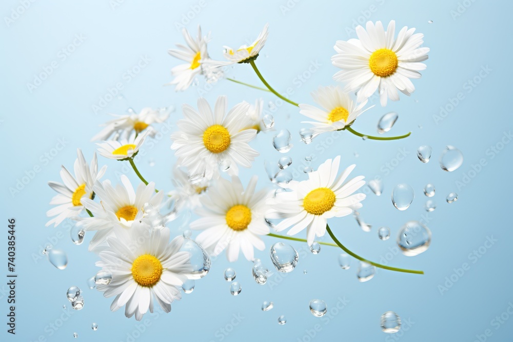 Obraz premium White daisies flying in the blue sky. Pastel background