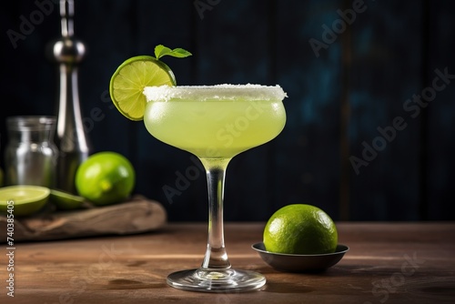 Cocktail Margarita, lime and mint on a dark background.