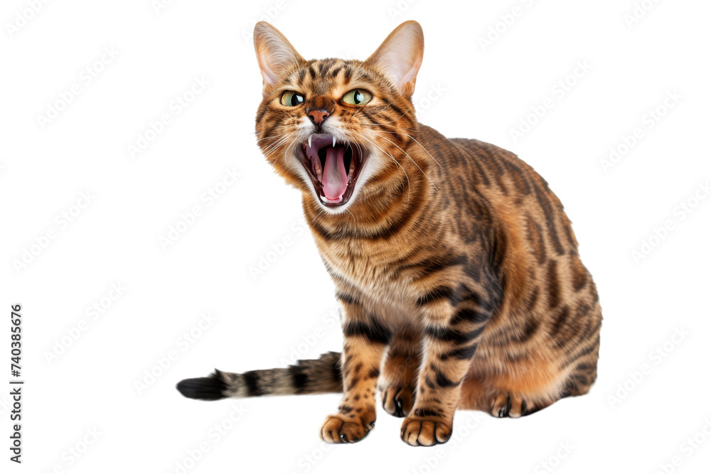 Bengal cat showing it's fangs, angrily meowing, isolated on transparent background. Bengal cat showing it's fangs, angrily meowing, isolated on transparent background.