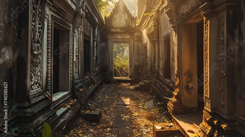 Abandoned city, Bangkok, ruined buildings, ruined temples, high view, beautiful light. photo