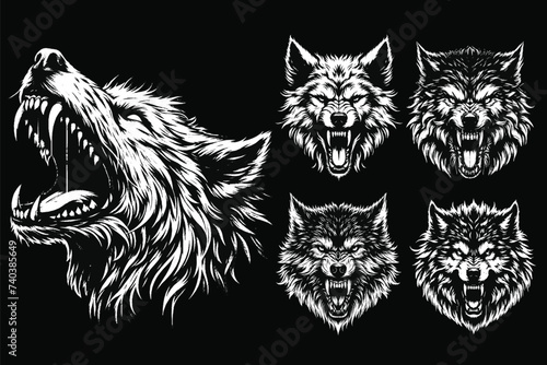 Set Dark Art Wolf Beast Roar Horror Wild Life Night Vintage Grunge Tattoo illustration Black White
