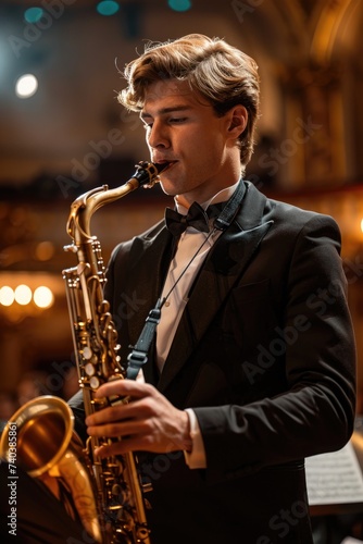 A young man is playing saxophone with an orchestra on a stage of a beautiful theater