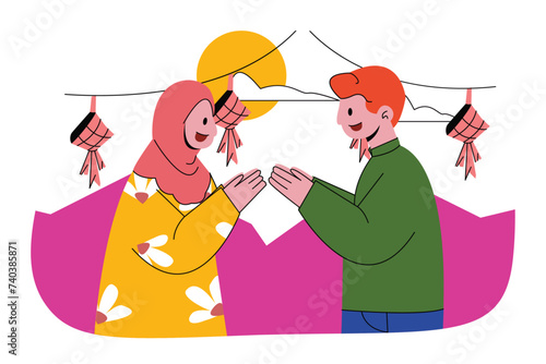 Eid Mubarak Activity Concept Illustration. Man and Woman Forgive Each Other on Eid Mubarak
