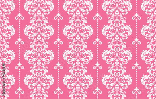 Wallpaper in the style of Baroque. Seamless vector background. White and pink floral ornament. Graphic pattern for fabric, wallpaper, packaging. Ornate Damask flower ornament