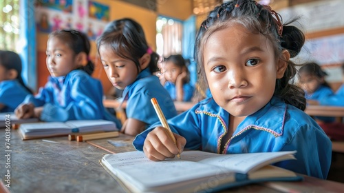 Primary school children in blue uniform in the classroom writing in their books