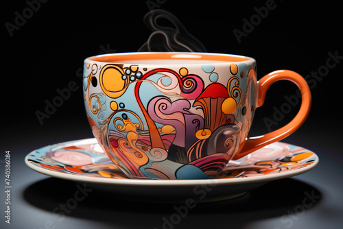 A lovable disposable teacup with a whimsical design, sitting on a breakfast table