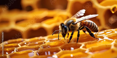 A macro photograph of a honeybee, a pollinator and insect, on a honeycomb. The closeup captures the intricate details of this arthropod with membrane wings, collecting nectar from the amber cells