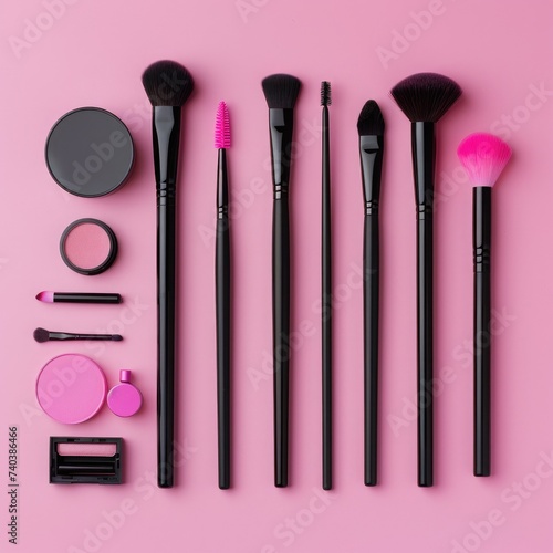 professional makeup tools. Makeup products on a colored background top view. A set of various products for makeup
