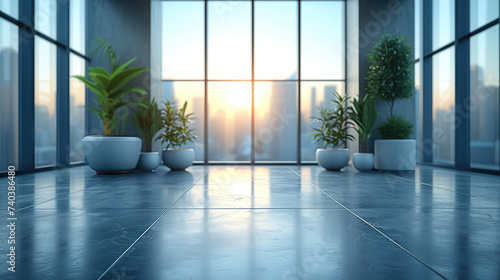Corporate lobby with urban skyline view and indoor greenery for background.