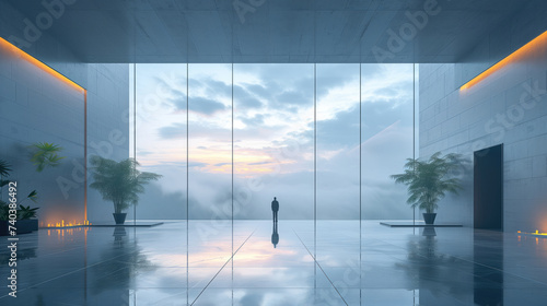 Solitary figure contemplating at sunrise in a modern glass building for background.