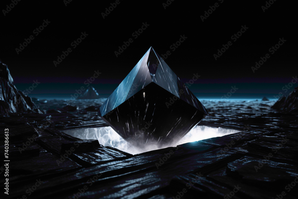 A monolithic, glowing crystal rising from a pool of liquid darkness. The play of light on the crystal's facets creates an illusion of movement, adding a touch of dynamic energy to the 3D mockup. - obrazy, fototapety, plakaty 
