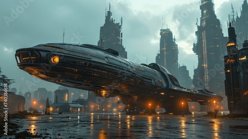 Fototapeta Naklejka Na Ścianę i Meble -  futuristic airplane, future spaceship airplane technology. Created with generative AI.