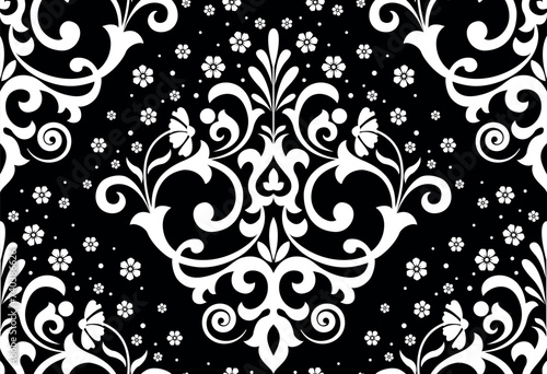 Wallpaper in the style of Baroque. Seamless vector background. White and black floral ornament. Graphic pattern for fabric, wallpaper, packaging. Ornate Damask flower ornament