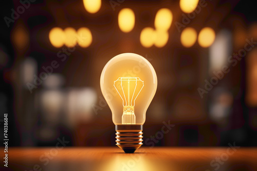 A photorealistic 3D mockup of an LED light bulb casting a warm glow, providing an ideal template with copy space