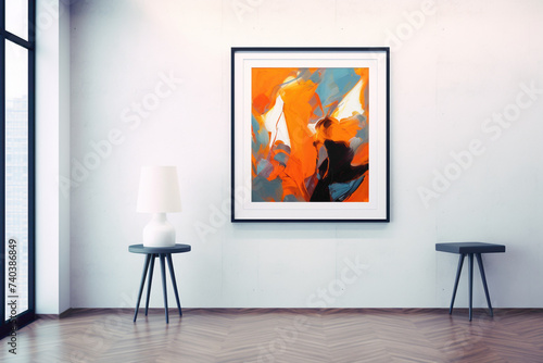 A poster mockup in an art gallery, showcasing abstract artwork.