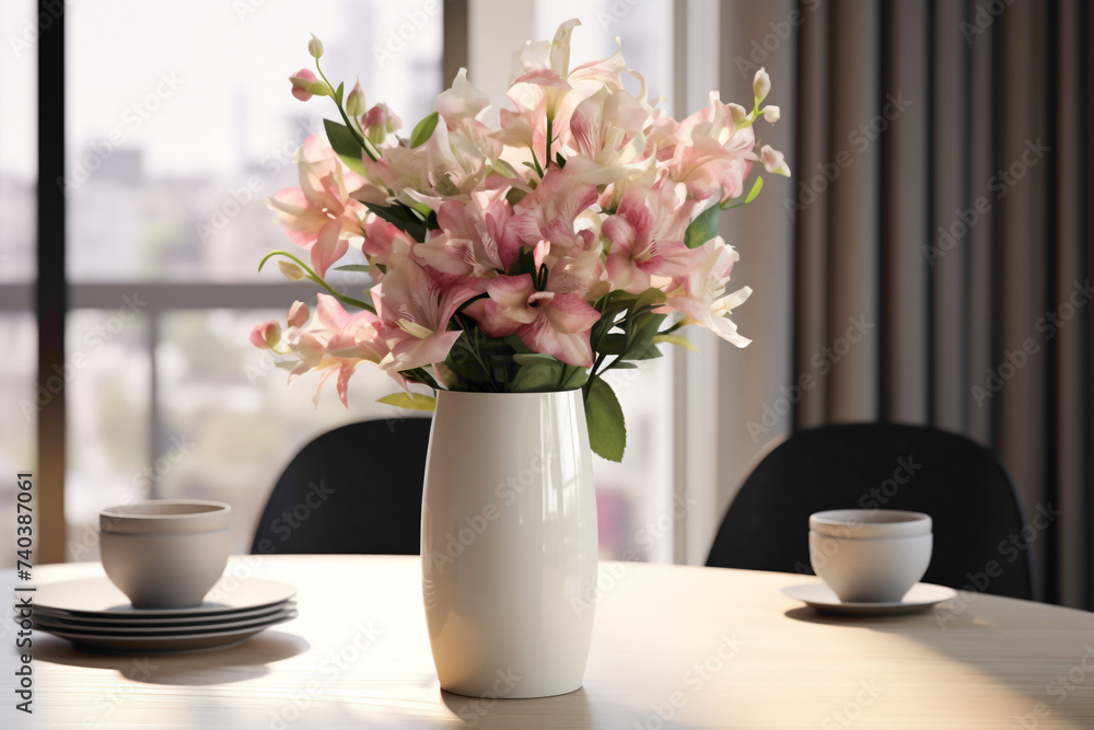 3D mockup of an elegant vase with fresh flowers, serving as a centerpiece on a dining table in a well-designed home