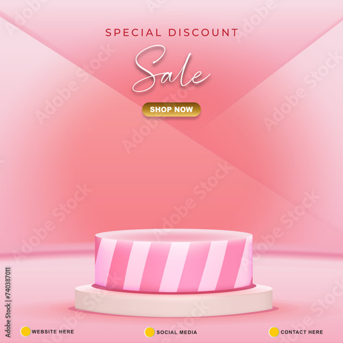 special discount sale template banner with blank space 3d podium for product sale with abstract gradient pink background design