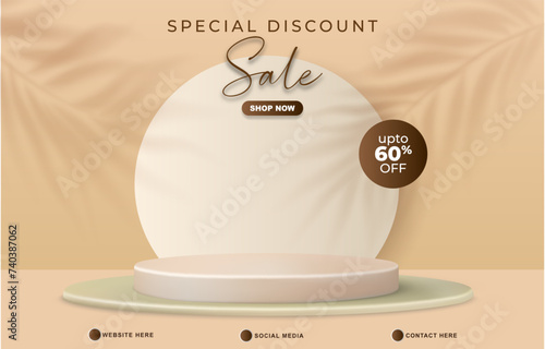 special discount sale template banner with copy space 3d podium for product sale with abstract gradient brown background design