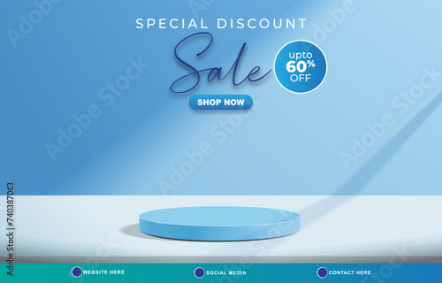 special discount sale template banner with copy space 3d podium for product sale with abstract gradient blue and white background design