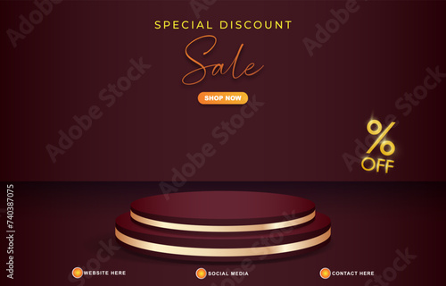special discount sale template banner with copy space 3d podium for product sale with abstract gradient red background design