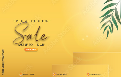 special discount sale template banner with copy space 3d podium for product sale with abstract gradient orange and yellow background design