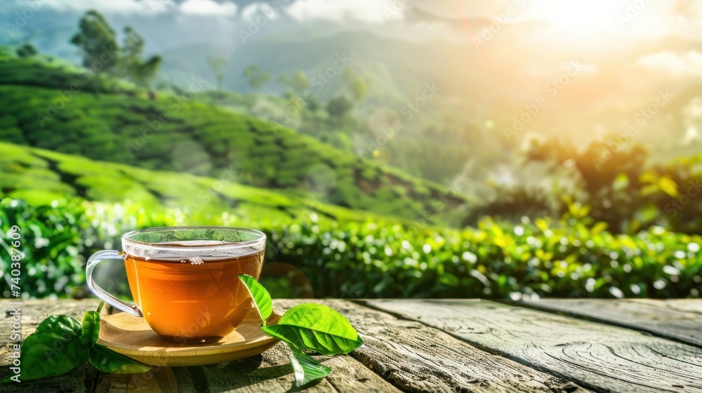 Wooden table blurred tea plantation background. Generative AI. Wooden table blurred tea plantation background. Generative AI.