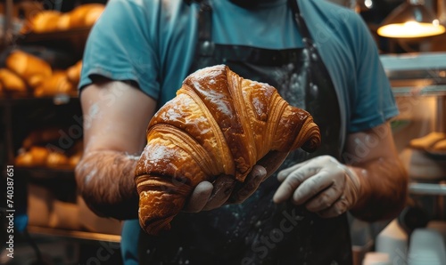 Baker holding a fresh croissant, close up shot