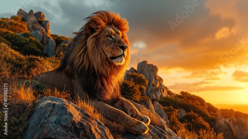 Lion at sunset. Created with generative AI.