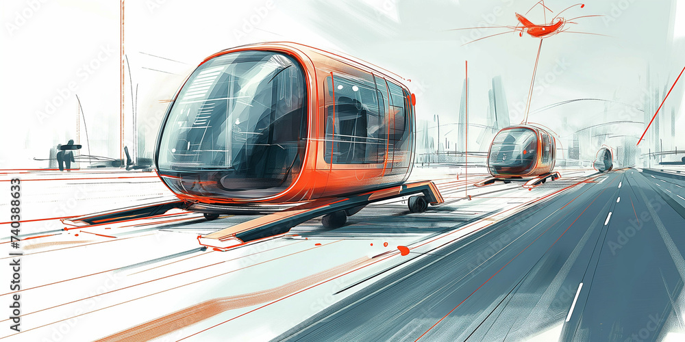 concept sketch of futuristic vehicles on highway with full self driving system activated for transportation autonomy concepts as wide banner with copy space