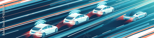 concept sketch of futuristic vehicles on highway with full self driving system activated for transportation autonomy concepts as wide banner with copy space © sam