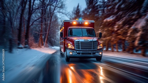Fast-moving red ambulance with siren lights, winter urgency, healthcare delivery, snow-covered trees, speed effect photo