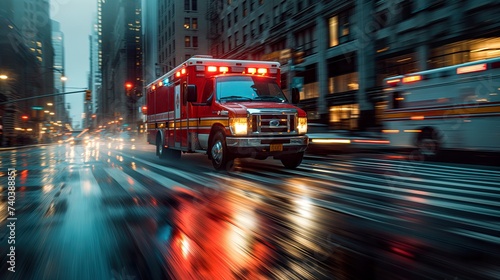 Red ambulance speeding through city street with motion blur, emergency lights on, urban healthcare response, downtown urgency