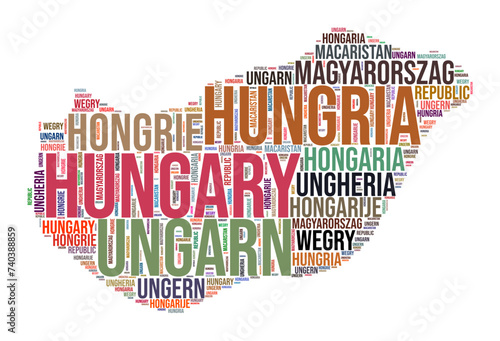 Hungary country shape word cloud. Typography style country illustration. Hungary image in text cloud style. Vector illustration.