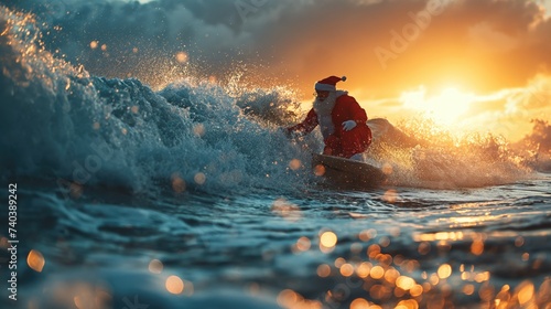 Radical Santa Claus. Santa Claus surfing. Created with generative AI. photo