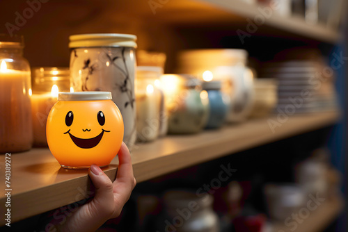 A tiny disposable candle holder with a smiling face, placed on a shelf