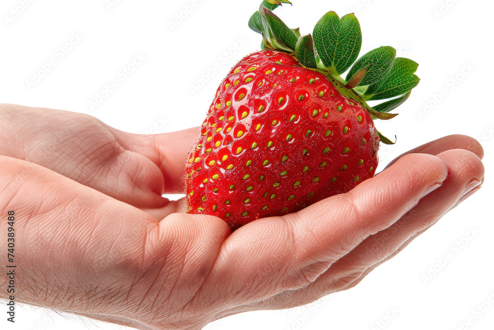 Obraz premium Hand holding strawberry isolated on gray background, healthy fruit food