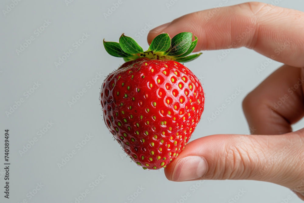 Obraz premium Hand holding strawberry isolated on gray background, healthy fruit food