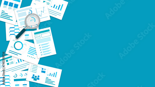 様々な書類と虫眼鏡のイラスト　
背景：色背景