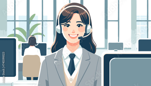 Concept of image of a woman working in a call center.  Vector illustration.