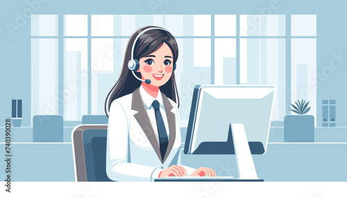 Concept of image of a woman working in a call center.  Vector illustration.