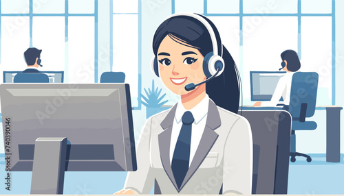 Concept of image of a woman working in a call center.  Vector illustration.