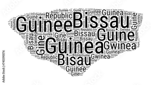 Black and white word cloud in Guinea-Bissau shape. Simple typography style country illustration. Plain Guinea-Bissau black text cloud on white background. Vector illustration.