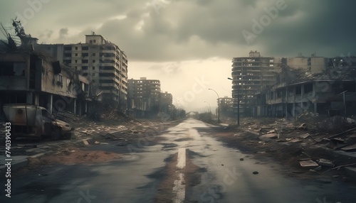 Post apocalyptic city background. Destroyed buildings, cracked road