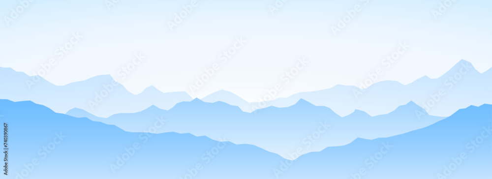 Mountain range silhouettes on sunset or sunrise. Morning panoramic landscape view. Mountain ridges and hills background. Blue gradient mount peaks with mist, fog. Vector scenery terrain illustration 