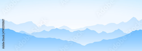 Mountain range silhouettes on sunset or sunrise. Morning panoramic landscape view. Mountain ridges and hills background. Blue gradient mount peaks with mist, fog. Vector scenery terrain illustration 