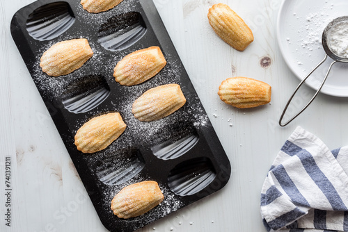 Madeleine's on a Madeleine shape baking tray dusted with powdered sugar. photo