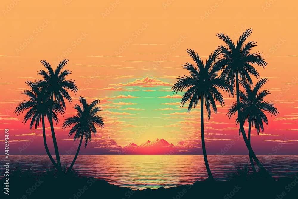 Palms and beach retro style. Generative AI 