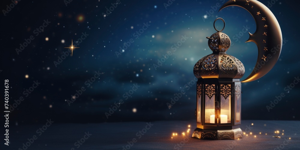 Decorative Arabic Lantern with Burning Candles at Night, background of crescent moon and clouds, sky full of stars, empty space for text - generative ai