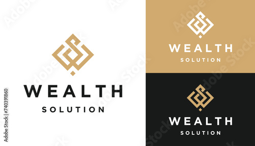 Golden Initial Letter WS S W SW with Luxury Wealth Square Frame Shape Art Line Logo Design photo