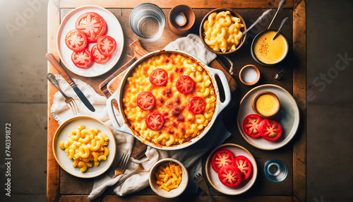 Flat lay view of a table served with a Mac and Cheese meal, surrounded by plates of fresh, sliced tomatoes photo